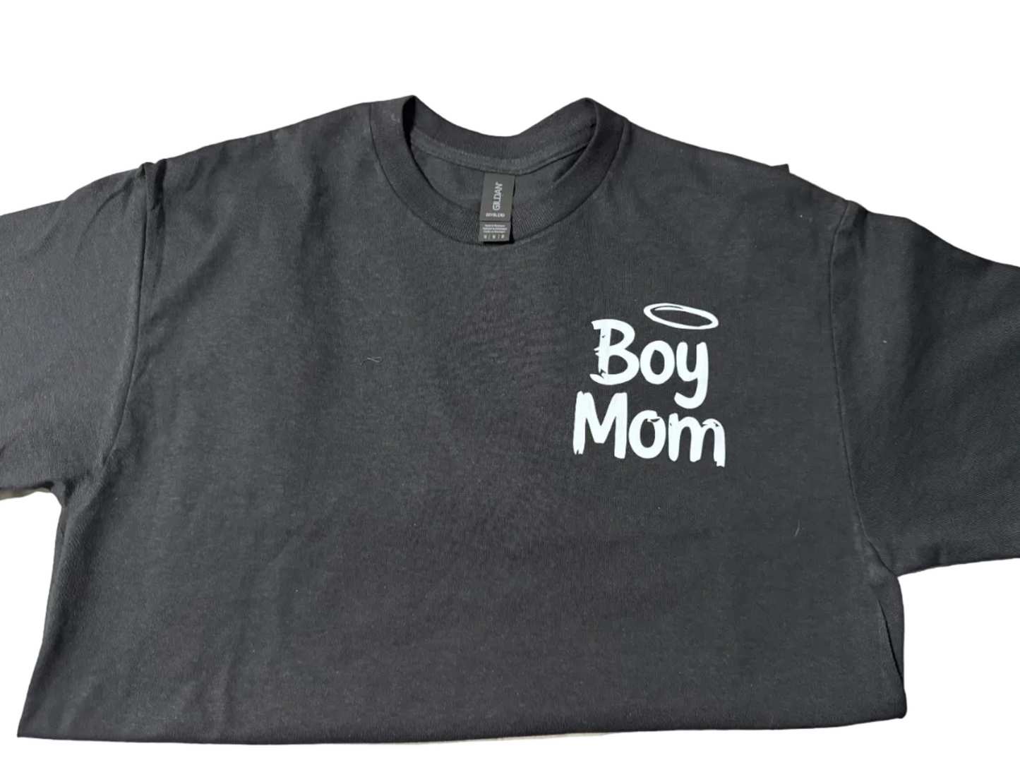 Black t-shirt with 'Boy Mom' text on a light-colored surface